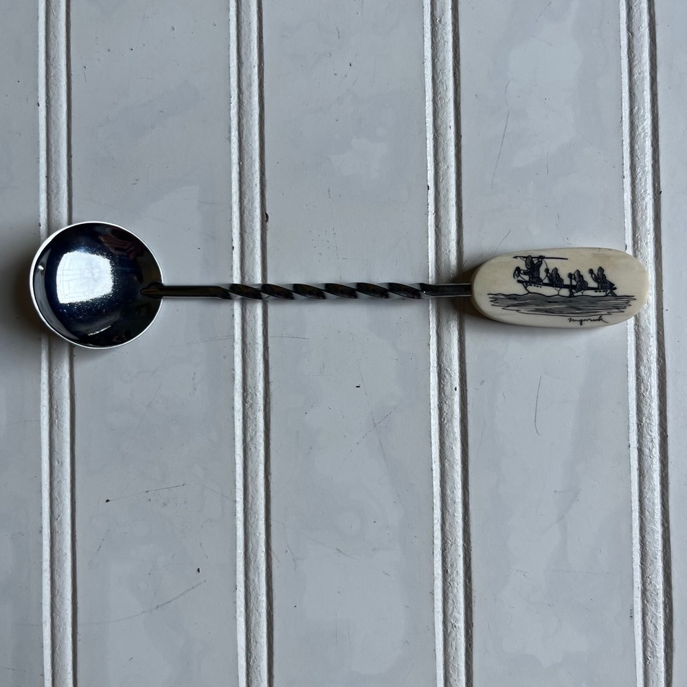 Vintage Nuguruk Scrimshaw Bar Spoon Alaskan Native Art Umiak Boat Twisted Stem